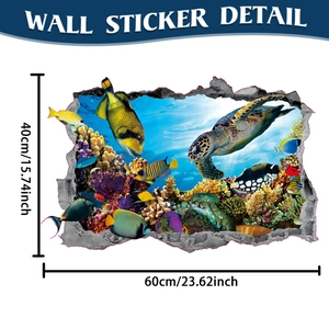 Sticker mural 3D détaillé tortue marine et récif corallien, dimensions 40x60cm pour déco