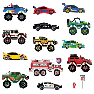 Cartoon Wandtattoo mit Monstertrucks, Polizeiautos und Rennwagen für das Kinderzimmer