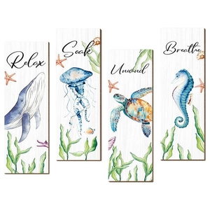 Nautical bathroom wall decor set featuring 4 watercolor sea animal wood signs for wall