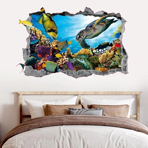 Sticker mural 3D océan avec tortue de mer et effet mur brisé pour décoration maison