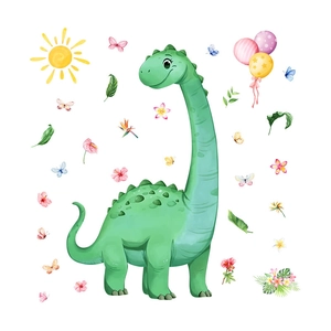 Cartoon green dinosaur and tropical leaves wall sticker set for kids room decoration