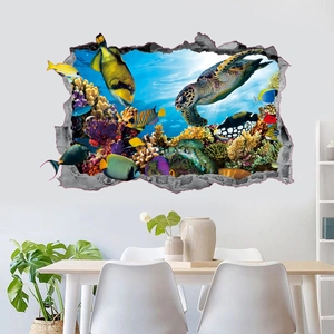 Sticker mural 3D monde océanique avec tortues de mer et récifs coralliens