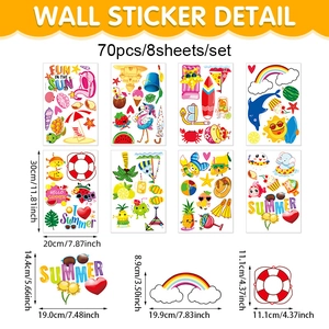 Set of 70 summer themed wall stickers with rainbow and dolphin patterns on 8 sheets