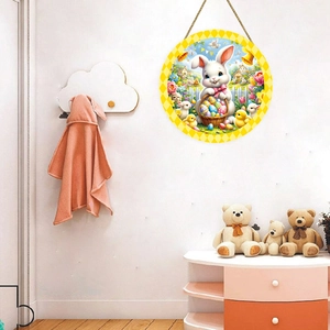Round wooden Easter welcome sign with cute bunny, colorful eggs, and hanging jute rope