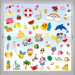 Vibrant summer beach PVC wall stickers featuring cartoon turtle and rainbow on window glass