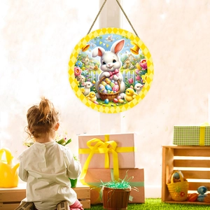Easter round wooden door sign with cute bunny and colorful eggs for spring decoration