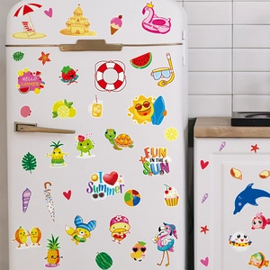 8 Sheets Summer Beach Theme PVC Window Stickers Cartoon Fruit Watermelon Flamingo Decals For Home Fridge Decoration