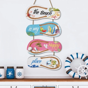Vertical surfboard and flip-flop wall hanging with Beach is my Happy place slogan