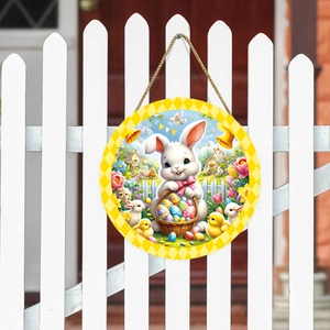 Easter round wooden door sign with cute bunny, colorful eggs and rustic hanging rope