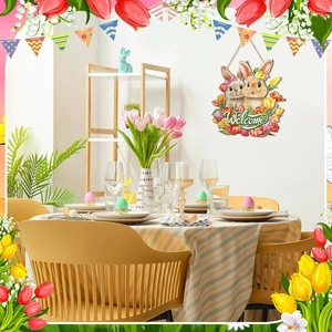 Easter rabbit welcome door sign with colorful tulips and rustic hanging rope for wall decor