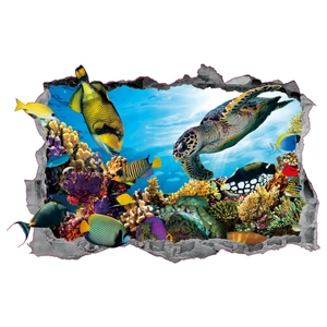 Sticker mural 3D tortue de mer avec effet de mur brisé et monde sous-marin réaliste