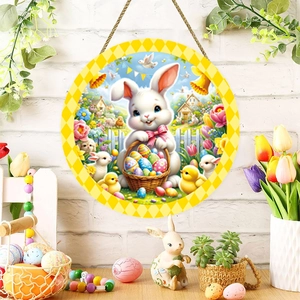 Round Easter Welcome Wooden Door Sign Bunny Egg Chick Pattern Pastoral Spring Outdoor Wall Decor For Porch Home Garden