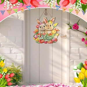 Easter wooden welcome sign featuring rabbits and tulips hanging on a white door