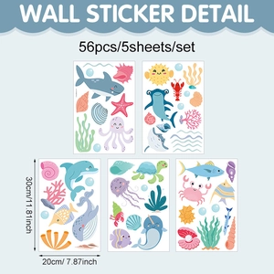 Marine life wall stickers set with 56 cartoon ocean animals for kids room decor