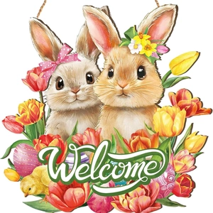 Easter bunny welcome wood sign with tulips and eggs for spring front door decor