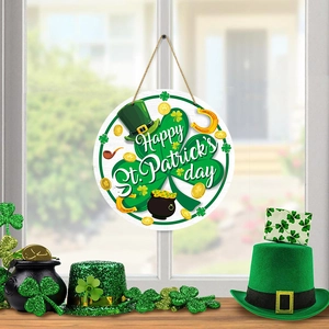 St. Patrick's Day wooden hanging sign with clover and leprechaun hat window decor