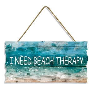 Summer wooden beach sign decoration with I NEED BEACH THERAPY text and blue wave patterns