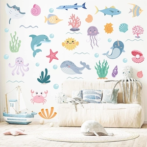 Cartoon sea animal wall stickers with dolphins and whales for kids nursery room decor