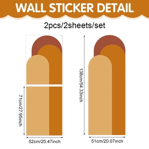 Arch-shaped geometric PVC wall decals in brown and orange tones with dimensions