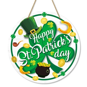 St. Patrick's Day wooden door sign with green clover and lucky horseshoe design