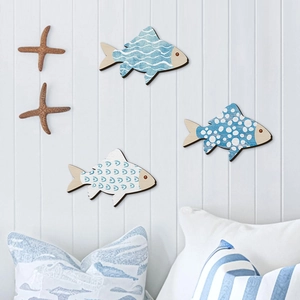 Set of 3 wooden nautical fish wall decors with blue and white Mediterranean patterns