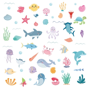 Self-adhesive cartoon ocean animal wall stickers for kids room with whales and sea creatures