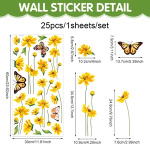 Dimensions détaillées du lot de 25 stickers tournesol et papillon sur planche 30x60cm