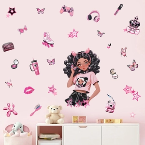 Pink cartoon black girl wall stickers with butterflies and gaming icons for girls bedroom