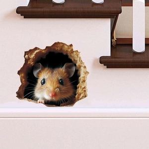 Sticker mural 3D trou de souris réaliste avec mignon petit animal et effet pierre