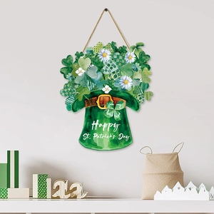 St. Patrick's Day door sign featuring a green clover hat and Happy St. Patrick's Day text