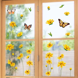 Stickers de Fenêtre Tournesol Papillon PVC Décoratifs Floraux Décalcomanies Murales Pour Surface Vitrée Décoration Maison Cuisine