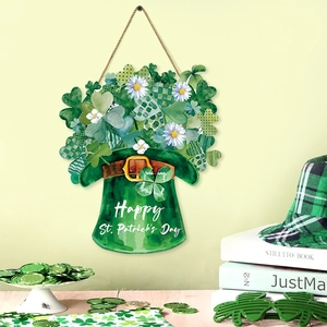 St. Patrick's Day Wooden Welcome Door Sign Green Leprechaun Hat Shamrock Clover Hanging Wall Plaque Holiday Home Party Decor