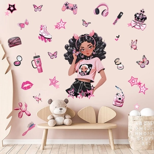 Y2K style girl wall decal with butterfly and game controller for kids bedroom decor