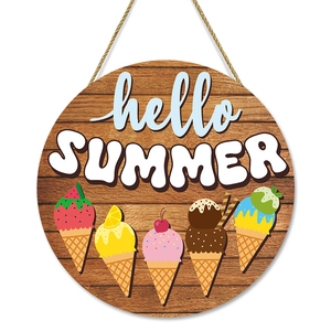 Rundes Holz-Türschild mit hello SUMMER Schriftzug und bunten Eistüten-Illustrationen