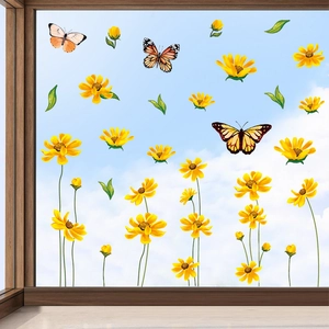 Stickers de fenêtre tournesols et papillons en PVC sur vitre avec vue sur le ciel bleu