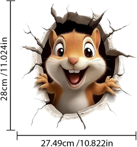 Detail view of 3D squirrel wall sticker showing precise size of 28cm x 27.5cm