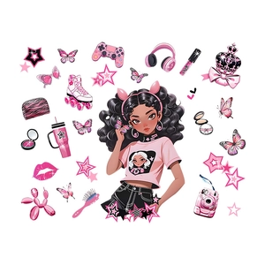 Black girl bedroom wall sticker set with pink Y2K aesthetic butterfly and game controller