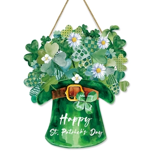 Saint Patrick's Day welcome door sign with leprechaun hat, clovers, and flowers