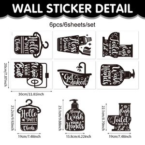 Detailed view of 6-piece waterproof bathroom wall decals with humorous quotes and icons