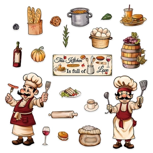 Adesivi murali da cucina autoadesivi con chef cartone animato e icone alimentari