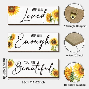 Set of 3 rustic sunflower wooden wall plaques with inspirational quotes and hangers