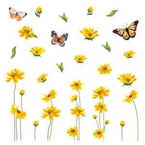 Set de stickers fenêtre marguerites jaunes et papillons en PVC pour décoration vitrée