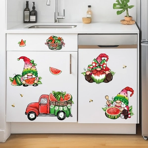 Watermelon summer gnomes window stickers featuring red truck and cartoon melon slices decor