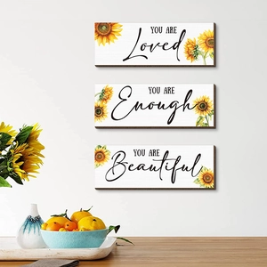 Set of 3 rustic wooden sunflower wall art panels with motivational quotes for living room