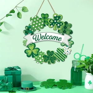 St. Patrick's Day clover door wreath with Welcome sign for Irish festival decoration