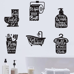 6Pcs set of black minimalist funny bathroom wall stickers with humorous quotes for decor