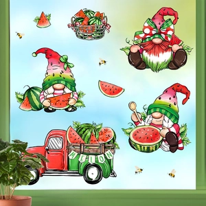 Summer Watermelon Gnome Window Stickers PVC Cartoon Glass Decals For Home Kitchen Fridge Wall Decorative Stickers