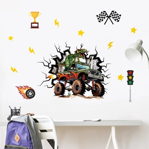 Sticker mural 3D dinosaure monster truck pour chambre enfant avec étoiles et drapeaux