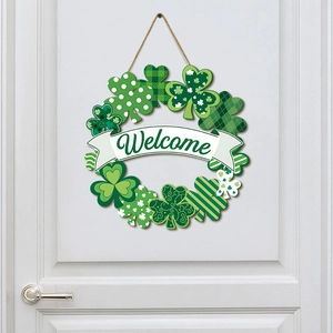 St Patrick's Day Welcome Door Sign Wooden Shamrock Wreath Green Clover Wall Hanging Ornament For Home Entryway Party Decor