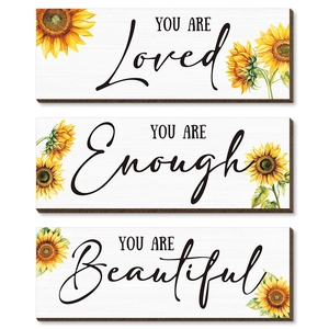 Three-piece sunflower wooden wall decor set with inspirational quotes on white wood grain